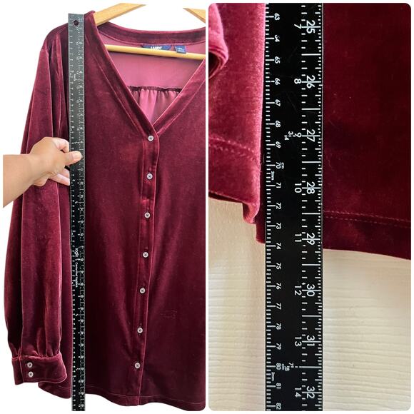 Lands End Rich Burgundy Velvet V Neck Long Sleeve Button Down Blouse Size 3X - Picture 10 of 12